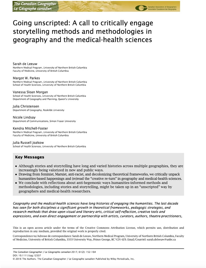 Going unscripted: A call to critically engage storytelling methods and methodologies in geography and the medical-health sciences 