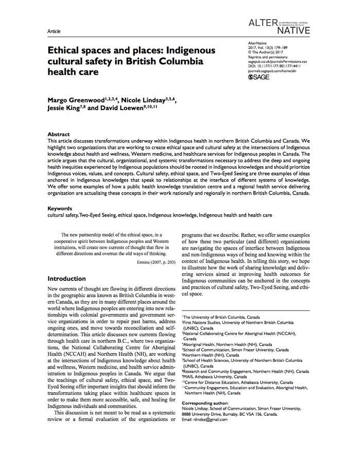 Ethical spaces and places: Indigenous cultural safety in British Columbia health care