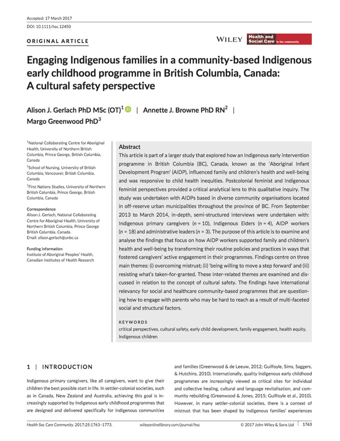 Engaging Indigenous families in a community-based Indigenous early childhood programme in British Columbia, Canada: A cultural safety perspective