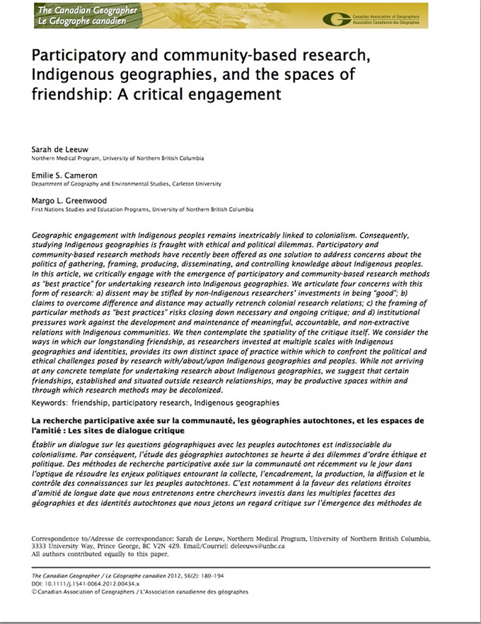 Participatory and community-based research, Indigenous geographies, and the spaces of friendship: A critical engagement